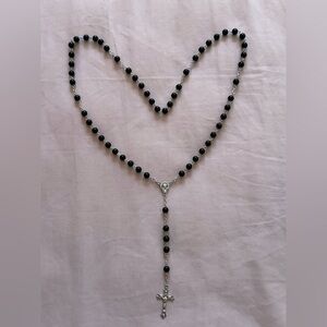 Elegant Black Rosary Necklace with Silver Cross